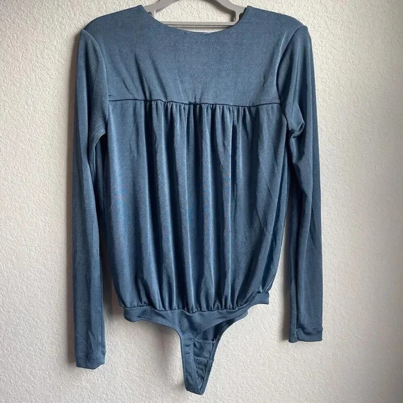Free People Intimately Turnt Bodysuit Slate Blue Small V Neck Wrap Long Sleeve - Picture 9 of 10